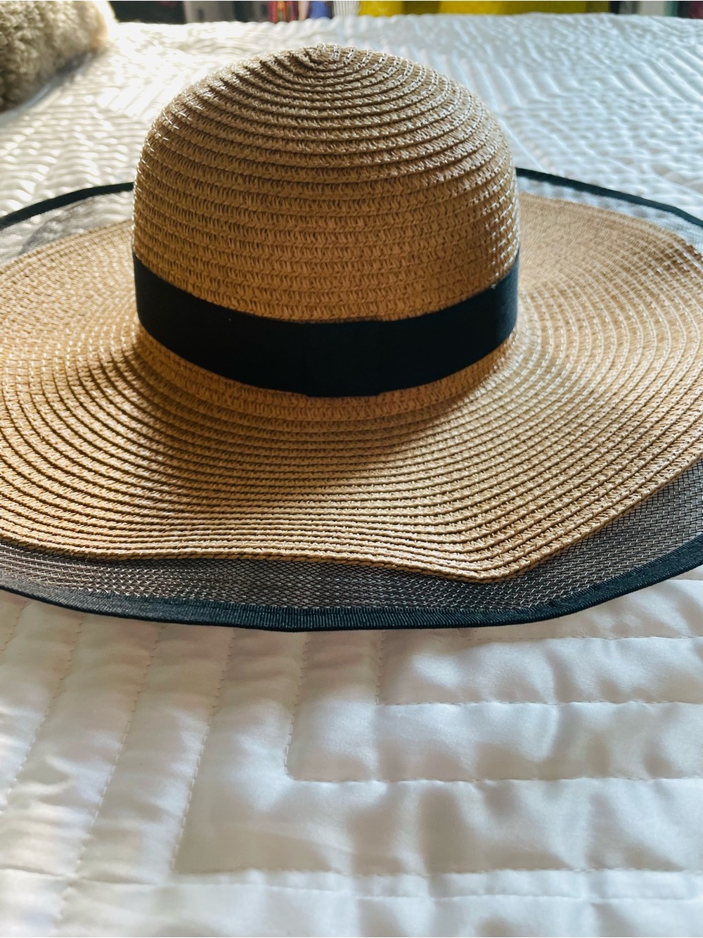 Straw Sun Hat with Black Band - Women Accessories